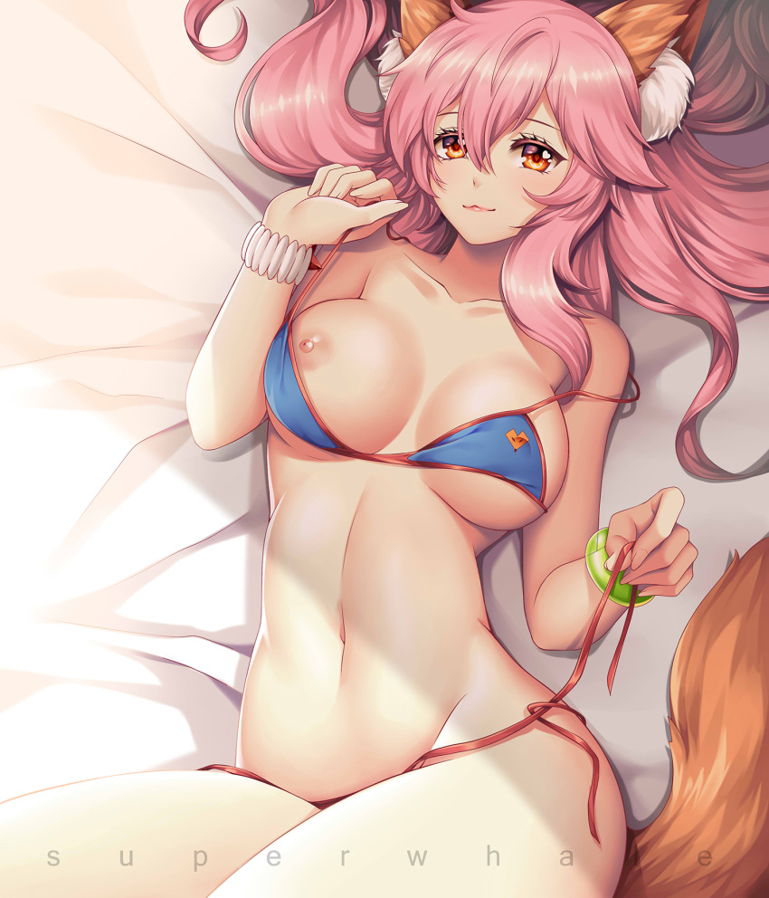 animal_ear_fluff animal_ears armpits bare_shoulders bikini blue_bikini blush breasts cleavage fate/grand_order fate_(series) female fox_ears fox_girl hair_between_eyes highres large_breasts long_hair looking_at_viewer lying navel nipple_slip nipples on_back pink_hair side-tie_bikini sideboob solo swimsuit tamamo_no_mae_(fate) tamamo_no_mae_(swimsuit_lancer) tsuki_no_same underboob yellow_eyes