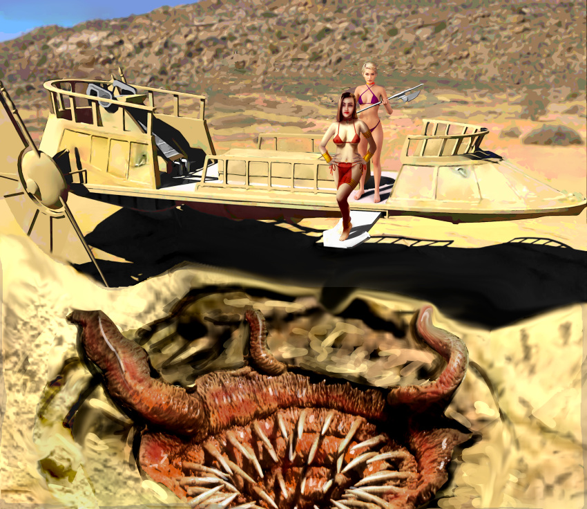 angry barefoot bikini blonde_hair bracelet brown_hair collar dancer dancer_outfit day desert full_body hands_on_hips loincloth outside plank sarlacc science_fiction slave slavegirl standing star_wars tatooine tentacle vehicle