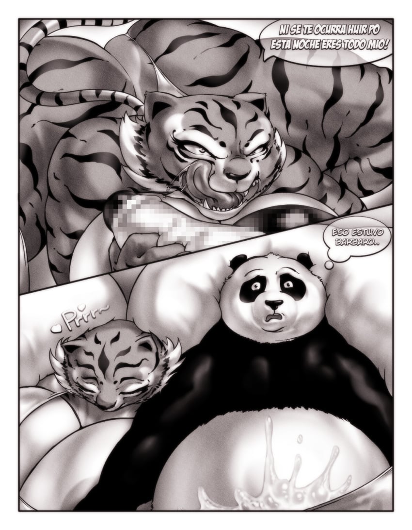 2_panel_comic after_sex angelauxes anthro ass barely_visible_genitalia bed bedroom before_and_after big_breasts big_butt big_nipples black_and_white_fur bodily_fluids breasts censored_breasts censored_penis chubby_male clothing comic cum cum_splatter dialogue dominant dreamworks duo excessive_cum fangs felid female furniture genital_fluids giant_panda heart hi_res imminent_sex kung_fu_panda licking licking_lips long_taglist male male/female mammal master_po_ping master_tigress monochrome mosaic_censoring muscular muscular_female nipples open_mouth panda panda_bear panda_ears panda_humanoid pantherine pixiv purring rape reverse_rape shocked_expression sleeping spanish_dialogue spanish_text speech_bubble striped_body stripes talking_to_another text thong thought_bubble tiger tiger_ears tiger_girl tiger_humanoid tiger_stripes tiger_tail tongue tongue_out translated traumatized underwear ursid