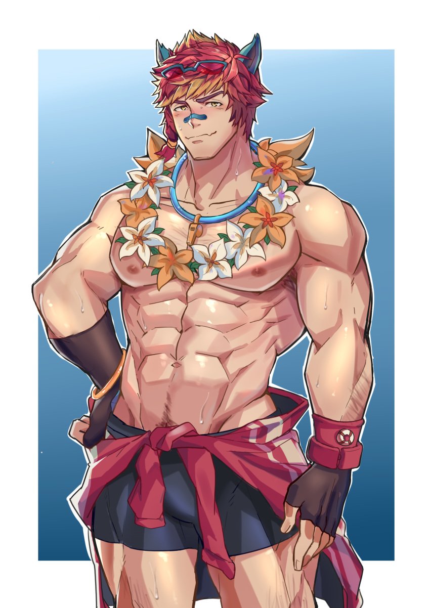 abs alternate_version_available animal_ears aussummer big_pecs blush body_hair fingerless_gloves gloves hand_on_hip happy_trail jacket_around_waist league_of_legends lei looking_at_viewer male male_only muscular muscular_male pecs ponytail pool_party_series pool_party_sett red_hair sett skin_tight smile smirk solo sunglasses_on_head sweat swimming_trunks swimwear tied_hair tight_clothing topless topless_male two_tone_hair whistle_around_neck