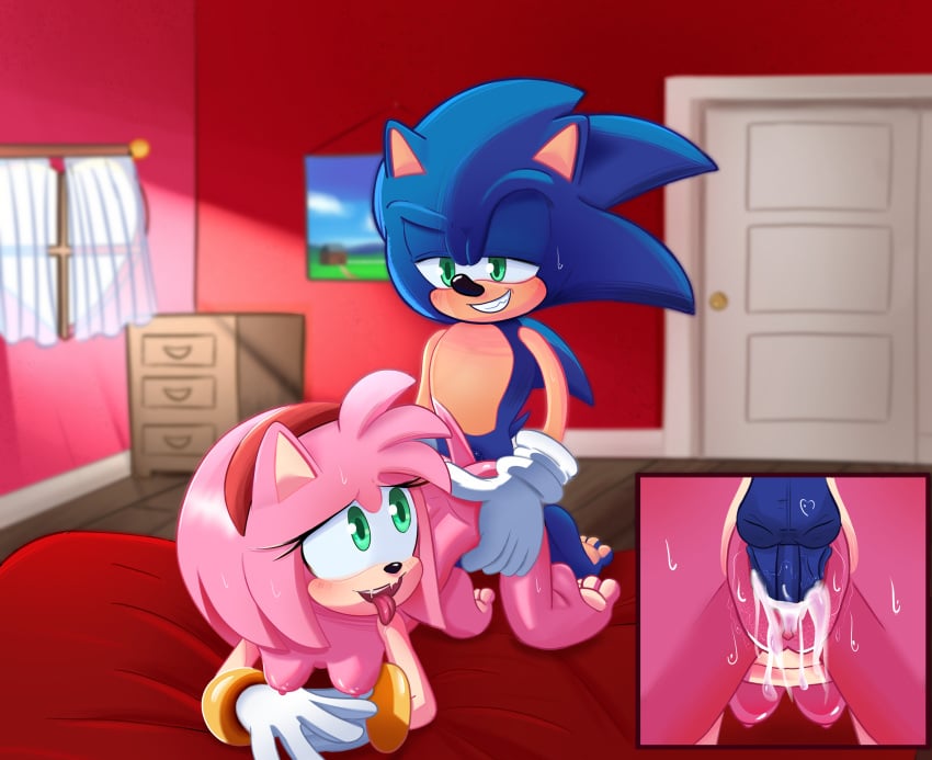 absurd_res amy_rose anthro bedroom blue_eyes bluebutterz bodily_fluids breasts cum cum_inside doggy_style duo female feral from_behind_position genital_fluids genitals hi_res male male/female penetration pink_body sega sex sonic_(series) sonic_the_hedgehog vaginal_penetration