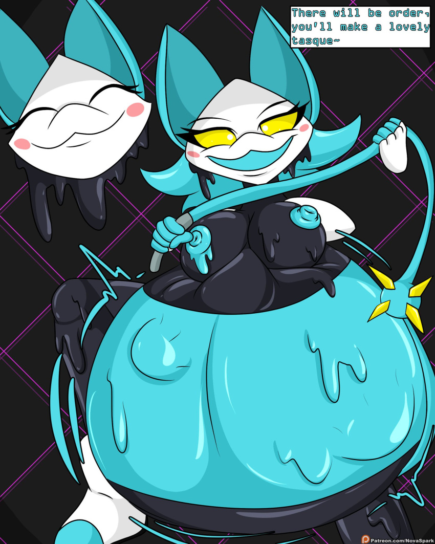 2021 android anthro belly big_belly big_breasts black_body blue_ears blue_hair blush breasts darkner deltarune digital_media_(artwork) disembodied_hand domestic_cat eyelashes felid feline felis female fingers goo_creature hair half-closed_eyes hi_res holding_object holding_weapon hyper hyper_belly looking_at_viewer machine mammal narrowed_eyes novaspark open_mouth open_smile oral_vore patreon robot smile solo tasque_manager_(deltarune) thick_thighs undertale_(series) video_games vore weapon white_body white_eyes yellow_sclera