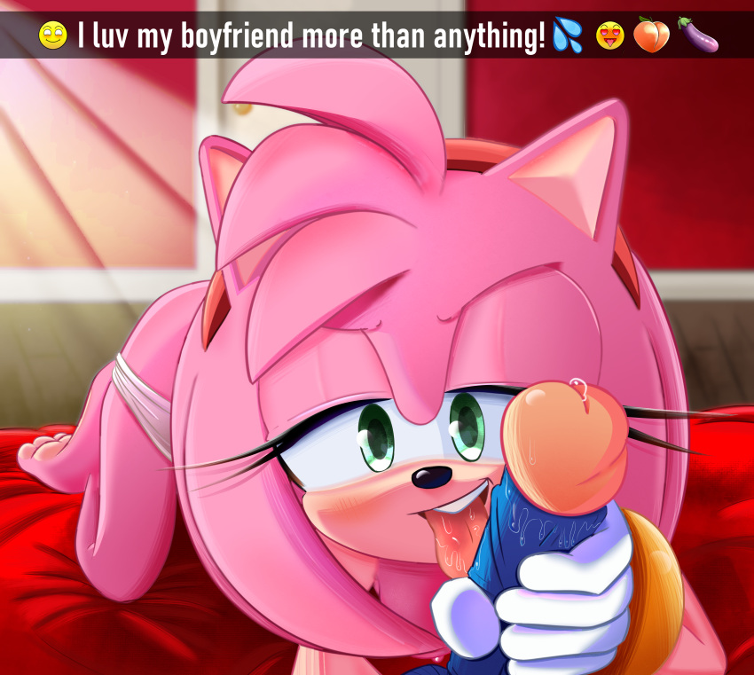 amy_rose anthro bedroom blue_body bluebutterz breasts clothing female feral genitals hair hi_res licking male male/female oral penile penilingus penis penis_lick pink_hair romantic romantic_couple sega sex snapchat sonic_(series) sonic_the_hedgehog tongue tongue_out underwear unseen_male_face