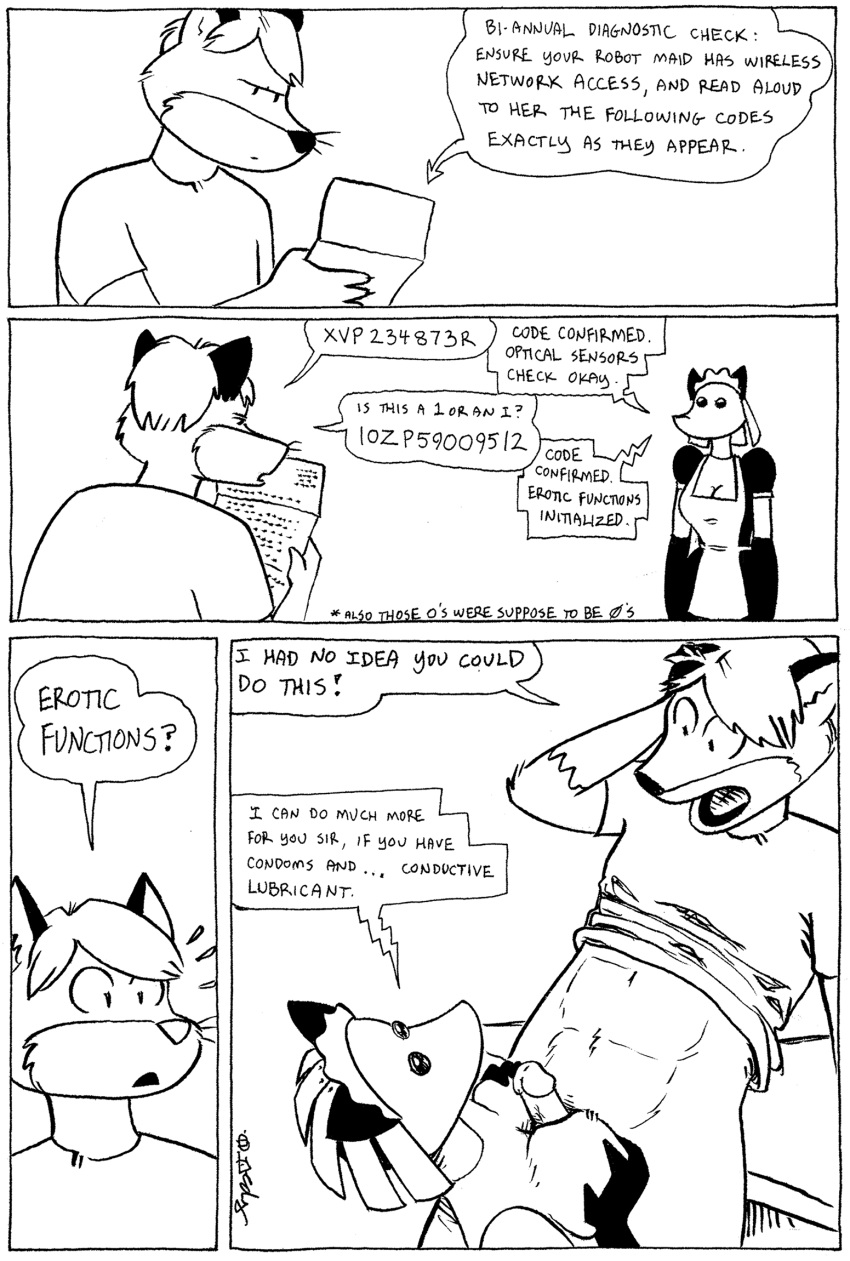 black_and_white canid canine canis clothing comic cybernetics cyborg female fox hi_res humor jackal machine maid_uniform male mammal monochrome robot sex tegerio uniform