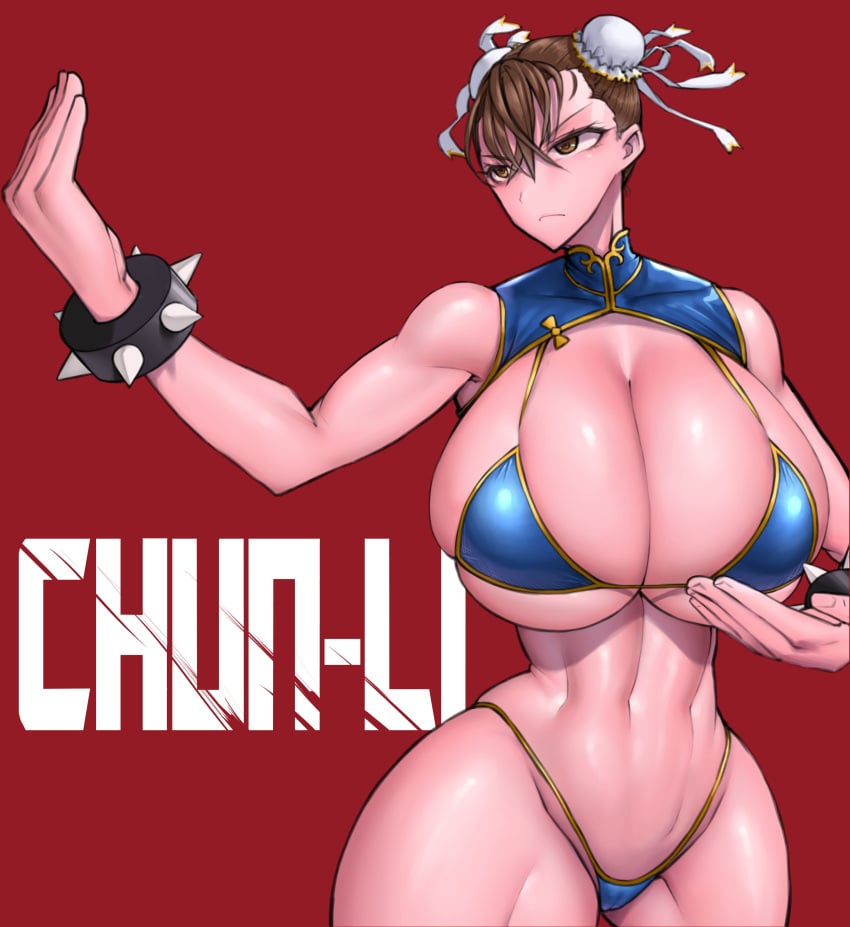 1girls abs absurdres ass bangs bare_shoulders big_breasts bikini bracelet breasts brown_eyes brown_hair bun_cover cameltoe capcom character_name chun-li cleavage enormous_breasts female_focus fighting_stance hair_bun highres hourglass_figure huge_breasts jewelry large_breasts massive_breasts micro_bikini muscular muscular_female navel plain_background red_background revealing_clothes short_hair simple_background solo solo_female spiked_bracelet spikes street_fighter swimsuit thick_thighs thighs toned toned_body toned_female toned_stomach voluptuous voluptuous_female wide_hips wolffeld wolffeld_price