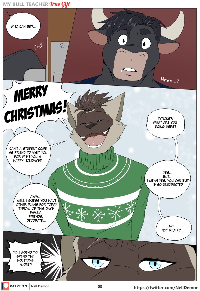 2boys anthro blue_eyes bull christmas clothed comic comic_page confused dialogue english english_text fangs feline feline furry horns male/male male_only nelldemon oc original_character shirt smiling surprise text text_bubble