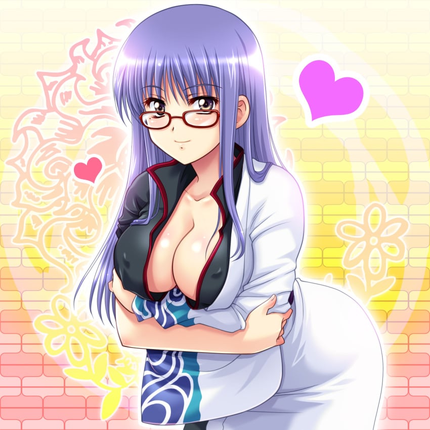 arms_crossed_under_breasts bent_over big_breasts cleavage crossed_arms female female_only gintama gintoki_sakata_(cosplay) glasses hadanugi_dousa japanese_clothes kimono leaning_forward long_hair looking_at_viewer minakei minase_kei mole_under_eye nipple_bulge no_bra off_shoulder open_shirt popped_collar purple_eyes purple_hair red-framed_glasses sarutobi_ayame smile solo wearing_others_clothes