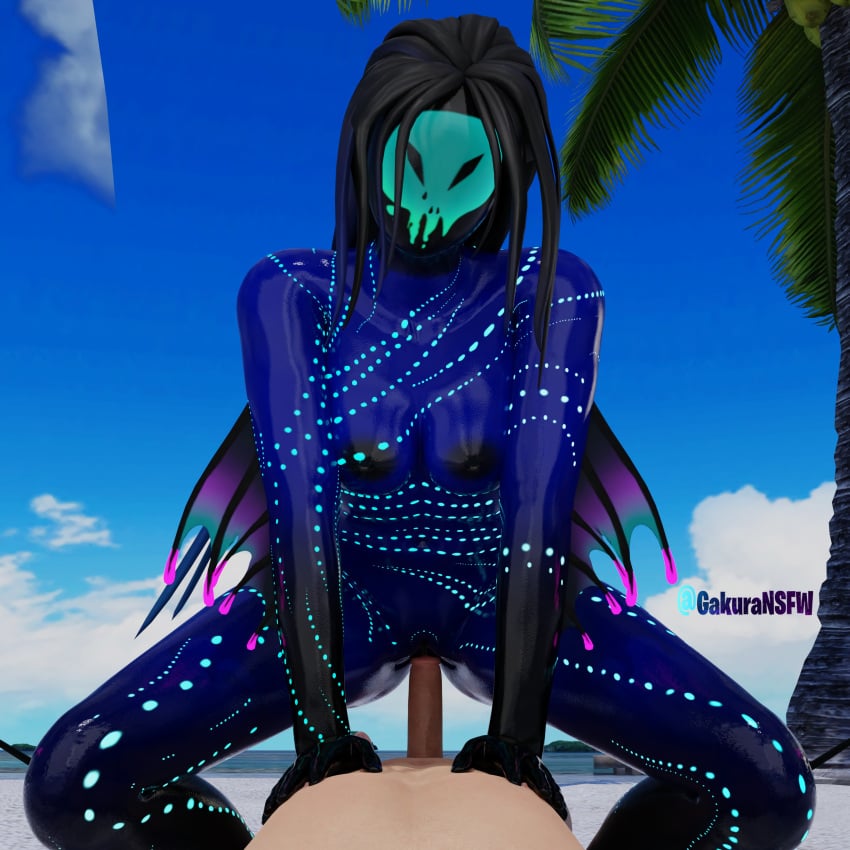 1boy1girl 3d athletic_female beach big_nipples blender blue_skin breasts cowgirl_position fortnite fortnite:_battle_royale gakuransfw glowing_skin human human_penetrating light-skinned_male mariana_(fortnite) monster_girl riding riding_penis unseen_male_face