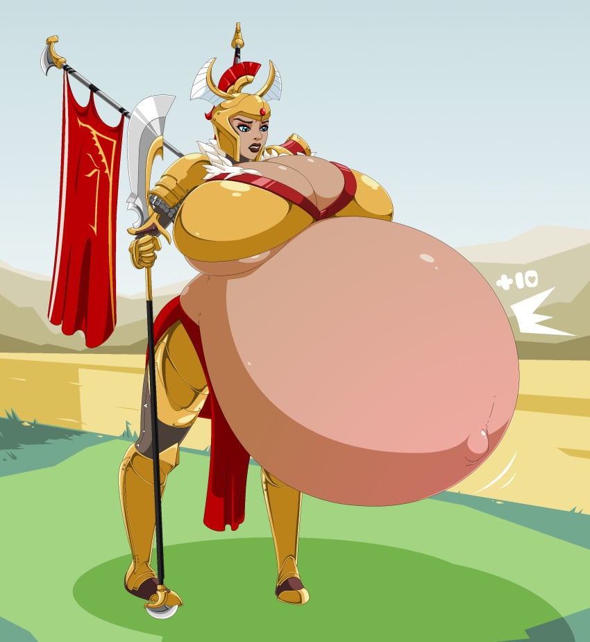 1girls armor belly big_belly big_breasts breasts cleavage dea-jn dota_2 female glaive huge_belly huge_breasts hyper_pregnancy legion_commander pregnant roman warrior