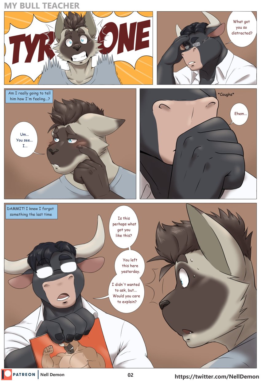 2boys anthro bull clothed clothing comic comic_page dialogue english english_text feline fur furry gay horns humanoid male male/male male_only mammal nelldemon nervous original_character student tagme teacher teacher_and_student