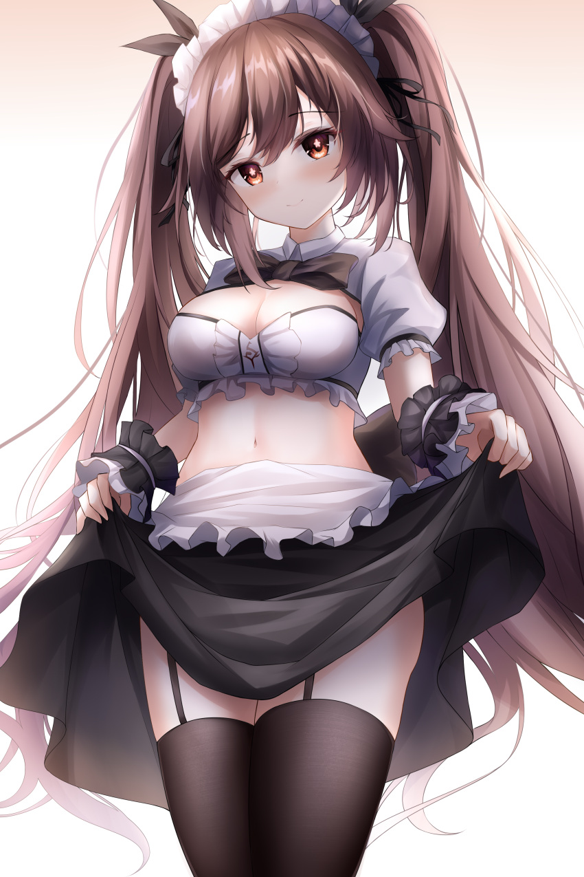 1girls 2022 alternate_breast_size blush breasts brown_eyes brown_hair cleavage female female_only garter_straps genshin_impact hi_res hu_tao_(genshin_impact) large_breasts light-skinned_female light_skin long_hair maid maid_headdress maid_outfit maid_uniform proverbs_zhenyan simple_background slim_waist smile symbol-shaped_pupils thighhighs thighs twintails