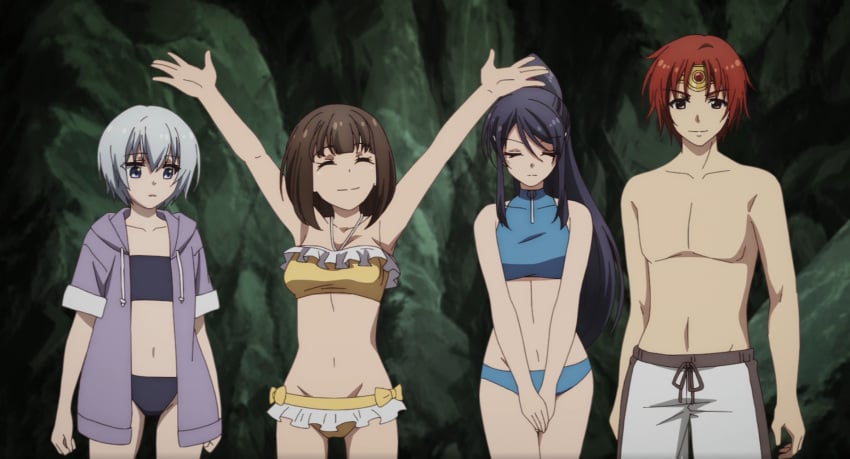 1boy black_summoner cave hero kuro_no_shoukanshi miyabi_kuromiya nana_mizuoka screenshot setsuna_shiga swimsuit swimwear touya_kanzaki