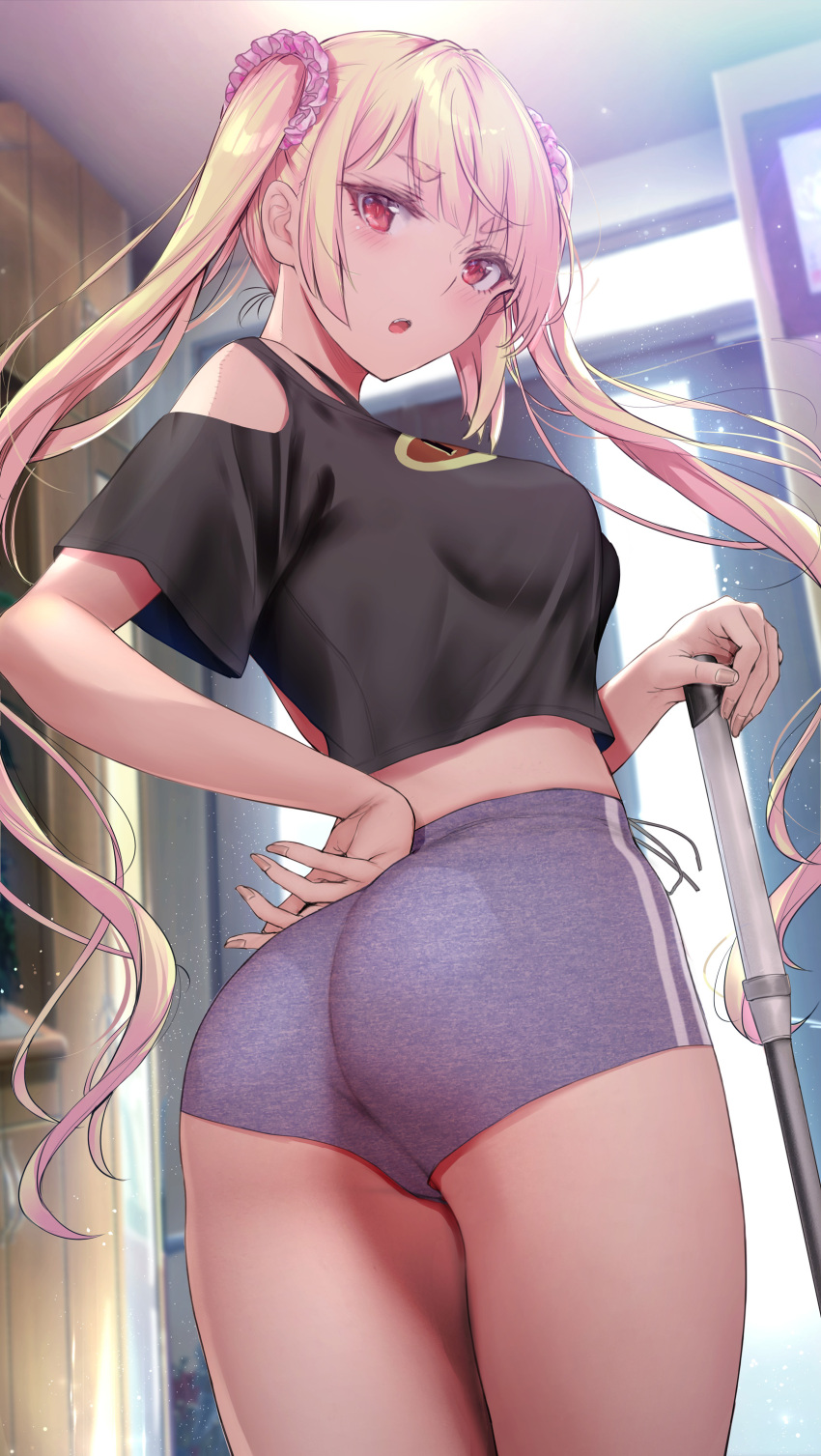 1girls 2022 ass blind booty_shorts breasts bubble_butt female female_only gentsuki gentuki0999 hand_on_ass hand_on_hip hi_res hips indoors large_ass large_breasts long_hair looking_at_viewer original original_character short_shorts shorts slim_waist slimhips solo solo_female thick_thighs thighs twintails white_cane