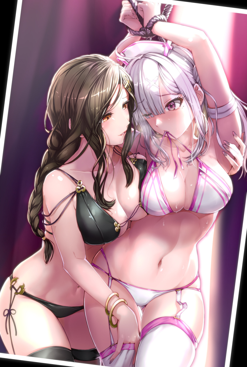 2girls bikini bound bound_wrists breast_press breasts cleavage dubious_consent female female_only forced_yuri hi-ho- mouth_hold nijisanji nurse nurse_cap questionable_consent restrained shirayuki_tomoe sukoya_kana swimsuit untied_bikini virtual_youtuber yuri