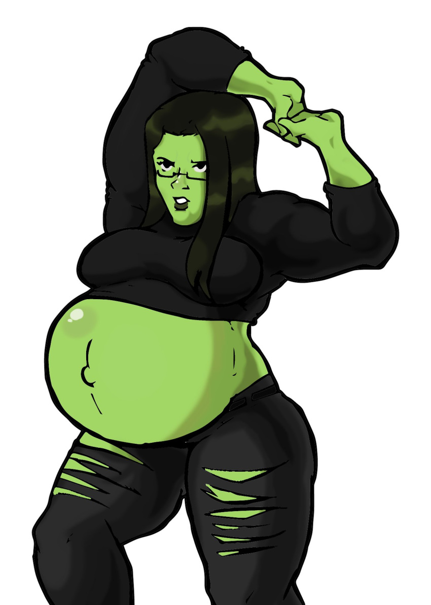 1girls belly big_belly big_breasts breasts female glasses green_hair hyper_belly marvel marvel_comics muscular muscular_female nasuokaa-san pregnant she-hulk