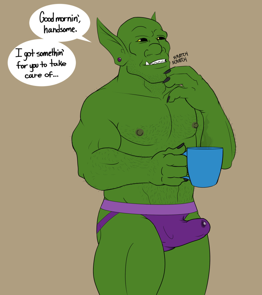 bara black_sclera body_hair bulge chest_hair cum_stain english_text erection facial_hair goblin goblin_male golden_eyes green_skin hairy jockstrap male male_only mug muscles muscular muscular_male partial_nudity pointy_ears scruffy solo solo_male speech_bubble spiffygreen yellow_eyes