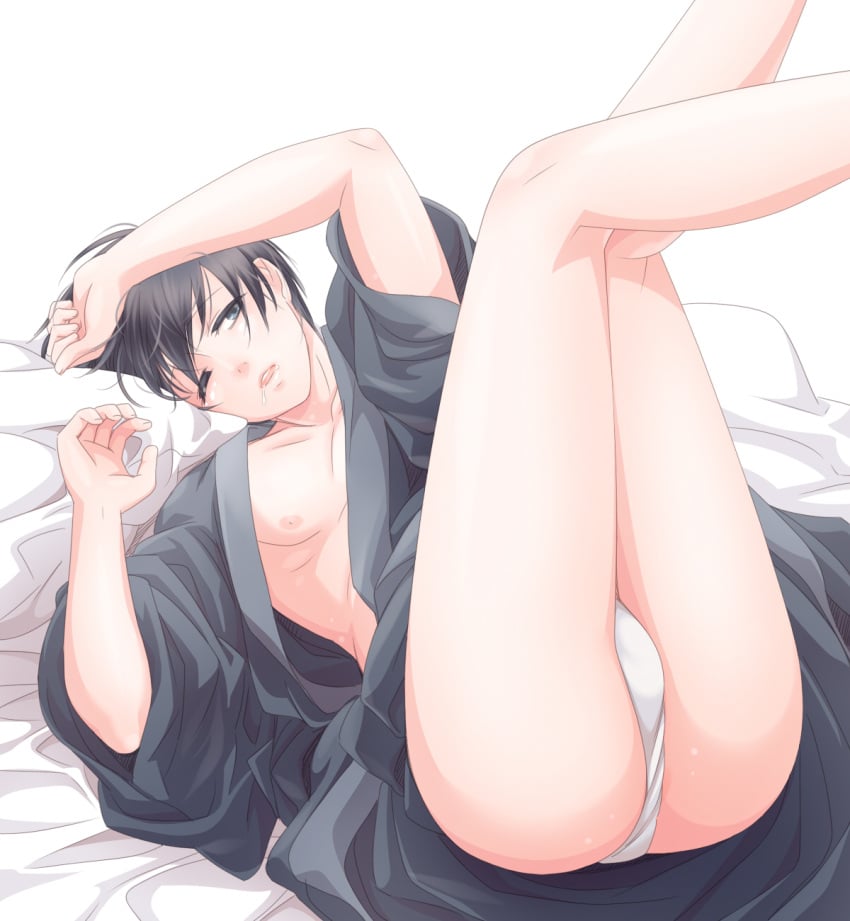 ass bare_legs black_hair blue_eyes bulge drooling fundoshi gintama hijikata_toshiro kimono konikou_(konico) legs_up male male_only on_back on_bed one_eye_closed open_kimono pale-skinned_male pale_skin solo waking_up