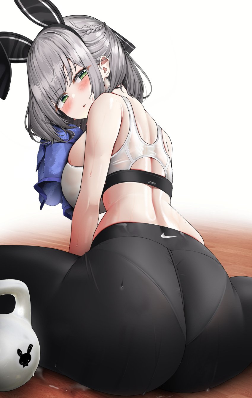 1girls 2022 ass back back_view breasts bunny_ears bunny_girl company_logo female female_only green_eyes hi_res hololive hololive_fantasy hololive_japan huge_ass huge_breasts kettlebell kuse_(0201) looking_at_viewer nike shirogane_noel short_hair sports_bra sportswear tight_clothing virtual_youtuber white_hair yoga_pants