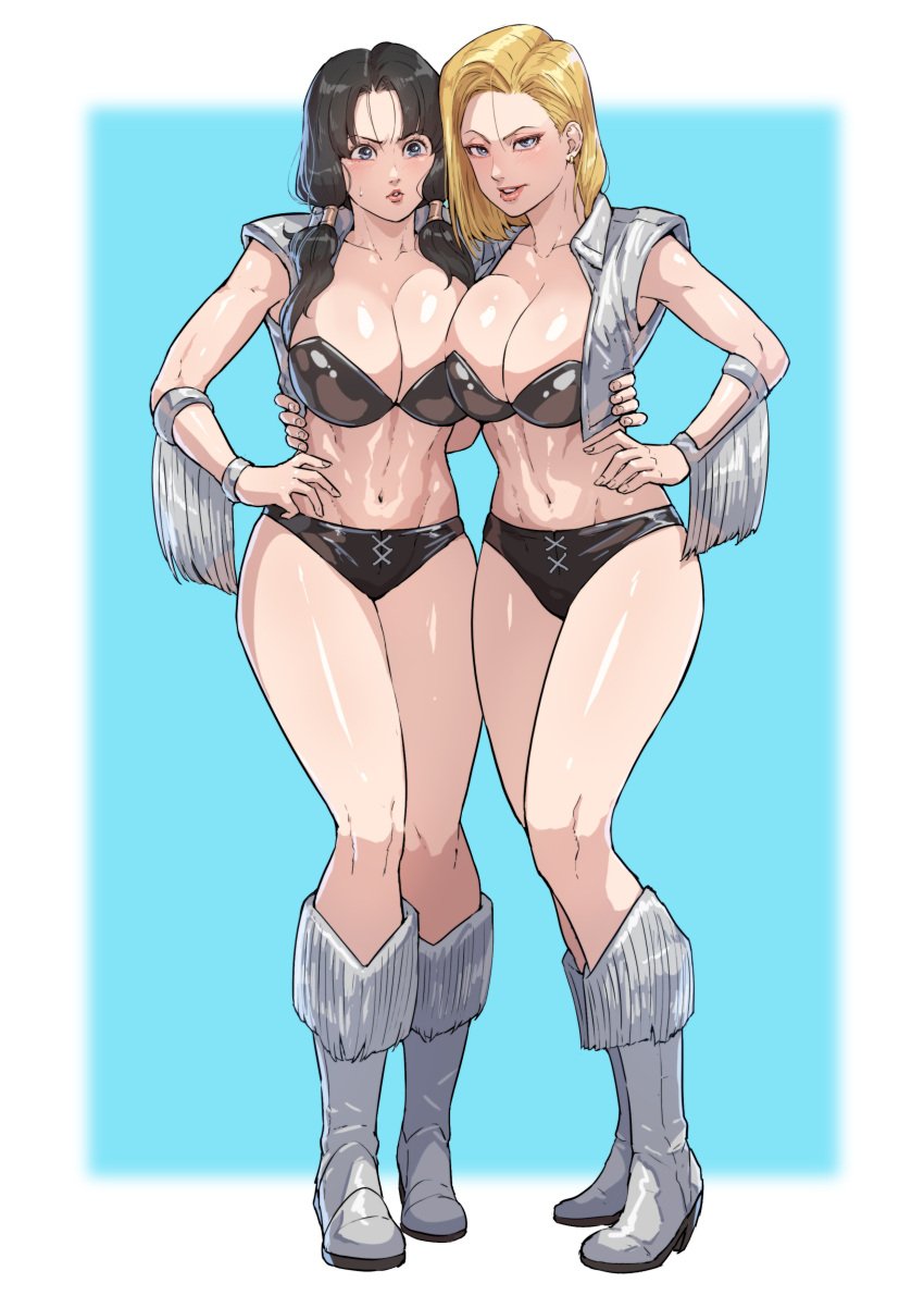 2girls android_18 big_breasts black_hair blonde_hair blue_eyes boots breasts cirenk dead_or_alive dragon_ball dragon_ball_z duo female female_focus female_only light-skinned_female light_skin multiple_girls shiny_skin standing thick_thighs tina_armstrong_(cosplay) videl