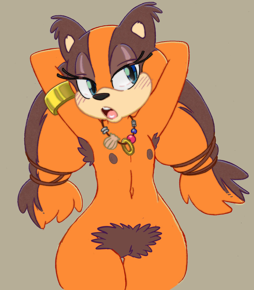 anthro armpit_hair badger big-e6 blue_eyes blush body_hair clothed clothing edit female flat_chested fur hairy hands_behind_head hi_res jewelry mammal midriff mustelid musteline navel necklace open_mouth orange_body orange_fur pubes sega simple_background skimpy solo sonic_(series) sonic_boom sonic_the_hedgehog_(series) sticks_the_badger sticks_the_jungle_badger