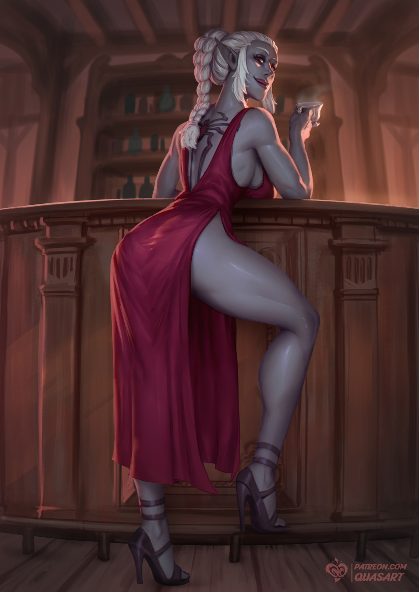 archilen_othreleth ass back_tattoo bar big_ass braid braided_hair braided_ponytail dark-skinned_female dark_elf dark_skin dress drink elf elf_ears elf_female female female_focus female_only heels high_heels hips large_ass leaning leaning_forward leg_lift legs lipstick long_hair looking_at_viewer looking_back muscular muscular_female open_toe_shoes pointed_ears pointy_ears quasart red_eyes revealing_clothes seductive seductive_smile showing_off sideboob single_braid skimpy smile smiling sole_female stiletto_heels tattoo tavern the_elder_scrolls the_elder_scrolls_online toned toned_female very_high_heels white_hair wide_hips