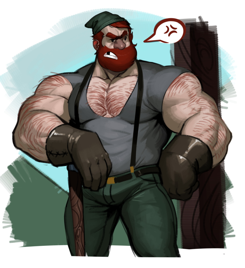 axe bara beard big_arms big_chest bulge clothed fanart gloves gravity_falls hairy hairy_arms hat male male_focus male_only manly manly_dan moobs muscular_arms muscular_male pants pecs red_hair tight_clothing unknown_artist