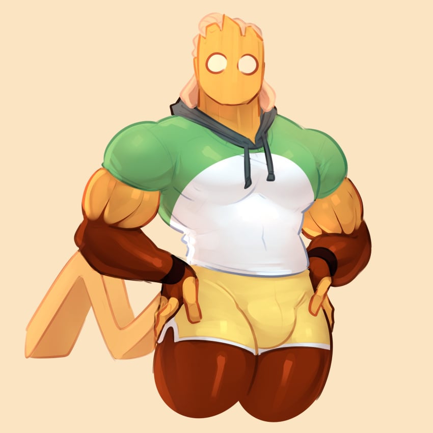 1boy abs anthro bulge cheese fast_food french_fries hands_on_hips hoodie human_food humanized humanized_food jinxd101 male male_focus male_only moobs muscular muscular_arms muscular_legs muscular_male muscular_thighs no_pupils original original_character pecs penis_bulge poutine sauce shorts sweater tail tight_clothing white_eyes