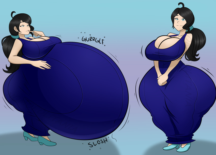 1girls after_vore ambiguous_prey ass_expansion ass_in_dress big_ass big_belly big_breasts black_hair blue_eyes breast_expansion cleavage digestion digestion_noises dress female female_pred high_heels huge_ass huge_belly implied_vore nomopolitainia original_character ponytail post_vore sequence stomach_bulge thigh_expansion unseen_character vore vore_belly weight_gain