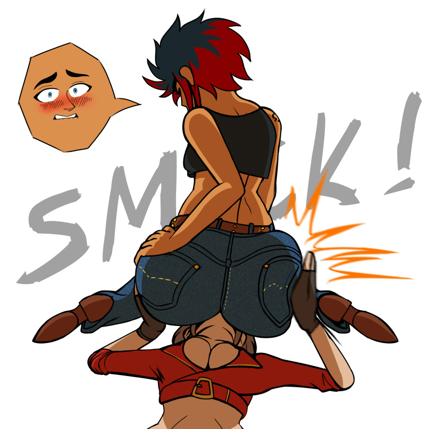 ass ass_grab ass_slap big_ass blue_eyes blue_hair blush boots bubble_butt cleavage crop_top danivere_(dual_dragons) dual_dragon embarrassed facesitting hand_on_ass jacket jeans large_ass original_character red_hair spanking spiky_hair two_tone_hair