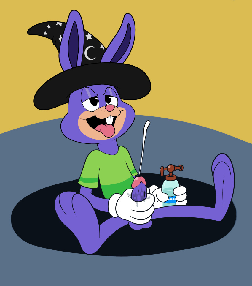 absurd_res anthro bottle clothing fur genitals green_clothing green_shirt green_topwear hi_res lagomorph leporid lil_oldman lube magic_user magzol male mammal penis purple_body purple_fur rabbit seltzer shirt solo toontown_corporate_clash toontown_online toontown_rabbit topwear water_bottle wizard_hat