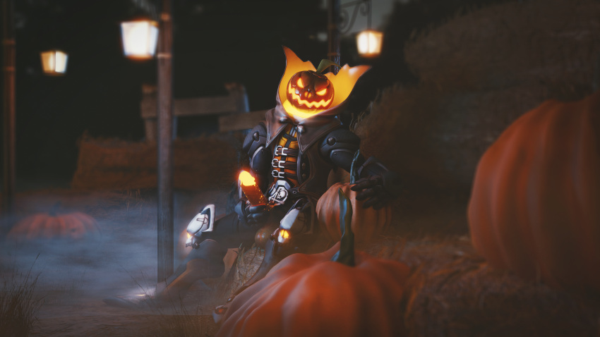 2020 3d_(artwork) 4k bottomwear clothed gabriel_reyes gente glowing_eyes glowing_penis halloween hay highres jack_o'_lantern lantern looking_at_viewer masturbating masturbation overwatch penis_out pumpkin pumpkin_head reaper saigon3d sitting solo_male tagme topwear trees