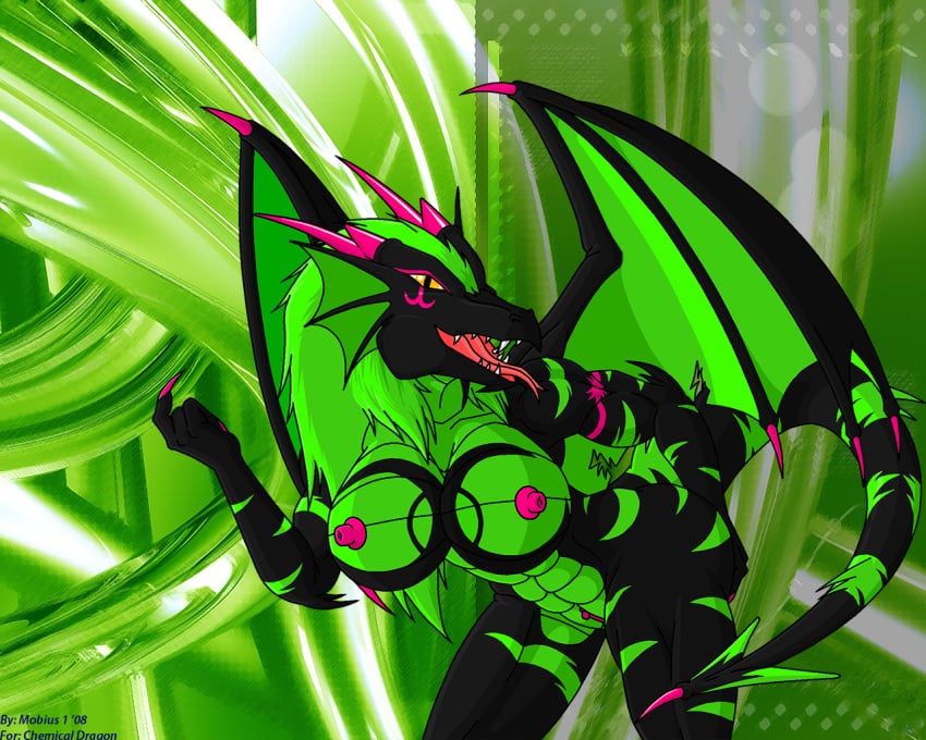 2008 big_breasts black_skin breasts chemicaldragon dragon female green_background green_skin horns looking_at_viewer mobius1 nipples pussy scalie solo tongue wings yellow_eyes