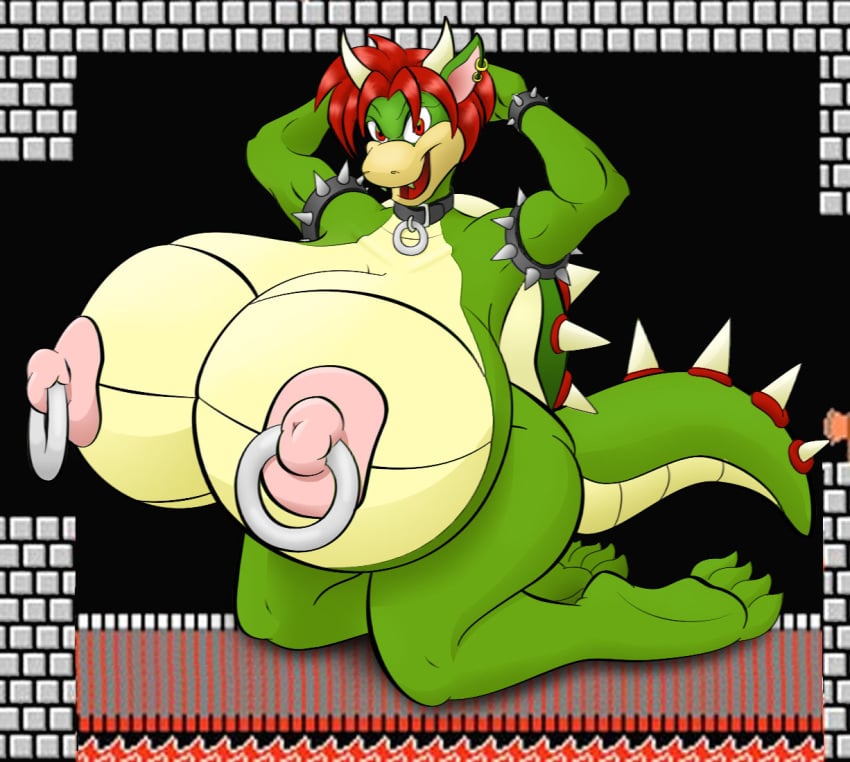 1girls anthro armband arms_behind_head badgerben bowser breasts collar ear_piercing earring fangs female female_bowser female_only final_boss furry genderswap green_skin hair heavy horns hyper hyper_breasts kneeling koopa looking_at_viewer mario_(series) nintendo nipple_piercing nipple_ring nipple_rings nipples nude open_mouth piercing rape_face red_eyes red_hair reptile scalie short_hair solo spiked_tail spikes super_mario_bros. super_mario_bros._(nes) sylvia_(anjuneko) tail video_games