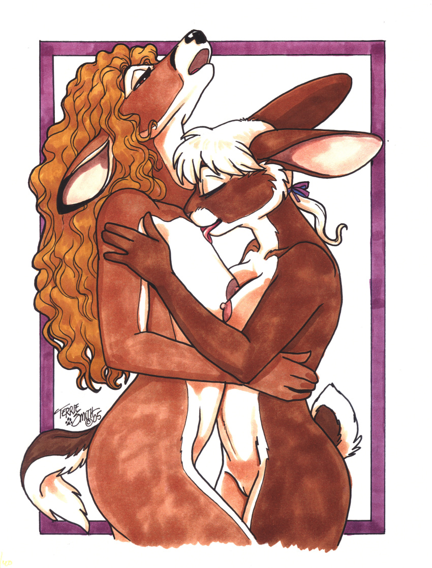 anthro breasts cervine closed_eyes deer female fur furry high_resolution hooves lagomorph licking nude pussy rabbit terrie_smith tongue yuri