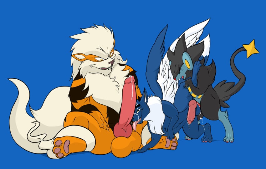 3boys alexiel anal arcanine balls big_balls canine closed_eyes deretto feral feral_on_feral furry gay grey_eyes horns hyper knot luxray male male_only no_humans oral paws pokemon pokemon_(species) precum tderek99 threesome wings yaoi yellow_eyes