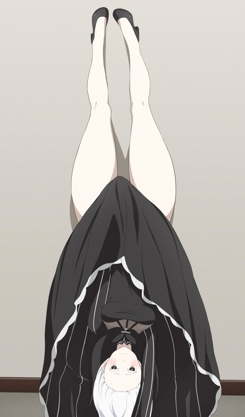 1girls against_wall bare_legs black_dress black_eyes blush breasts chest cleavage clothed coro_fae covering_crotch dress dress_tug echidna_(re:zero) embarrassed female female_only fully_clothed handstand highres hips legs light-skinned_female long_dress looking_at_viewer lycoris_challenge meme pale-skinned_female pale_skin re:zero_kara_hajimeru_isekai_seikatsu shoes smile solo thick_thighs thighs upside-down white_eyebrows white_hair wide_hips