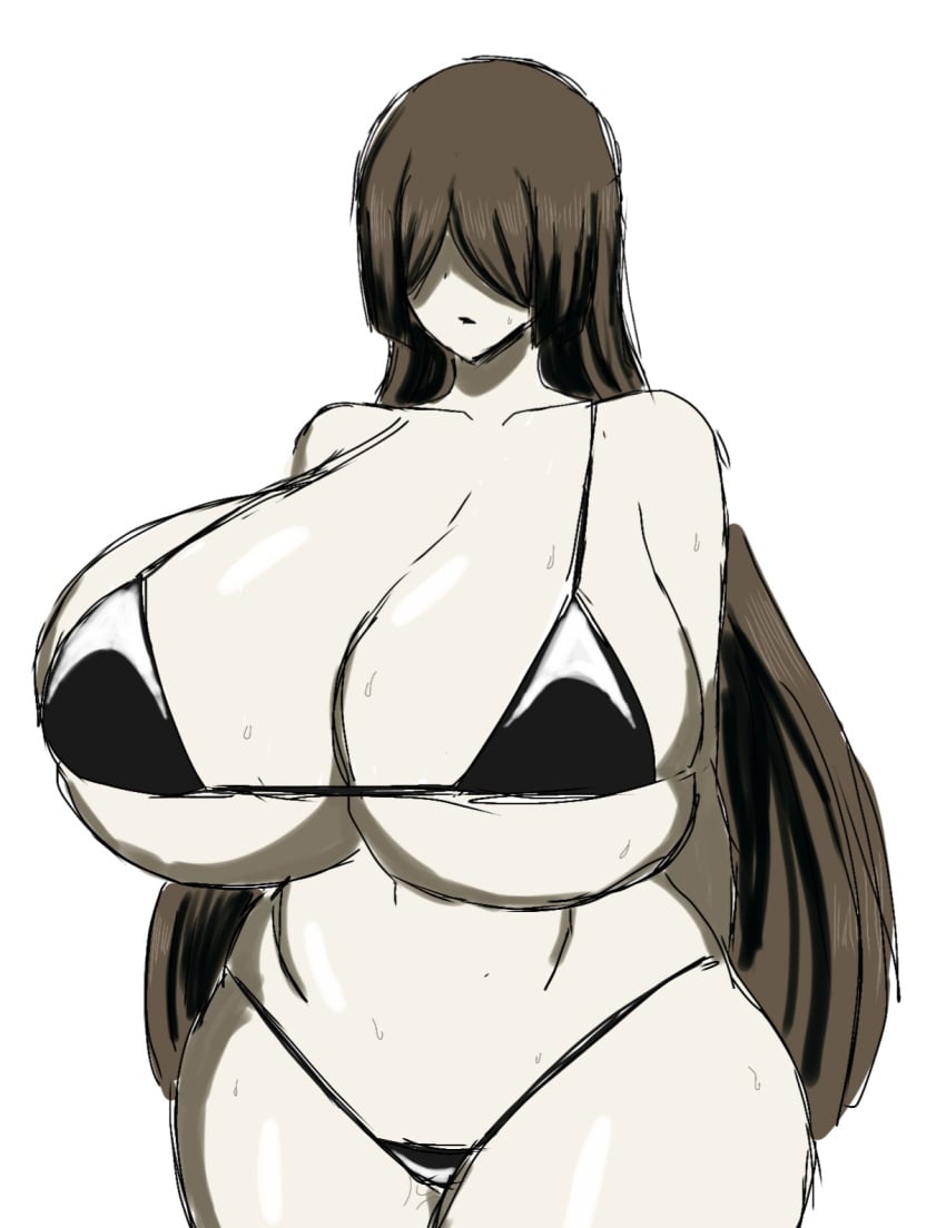 1girls big_breasts big_thighs bikini breasts busty demon_slayer female female_only giant_breasts gigantic_breasts hair_over_eyes huge_breasts huge_thighs hyper_breasts kimetsu_no_yaiba large_breasts long_hair massive_breasts massive_thighs momiji_(artist) nakime simple_background swimsuit thick_thighs thighs venus_body white_background wide_thighs