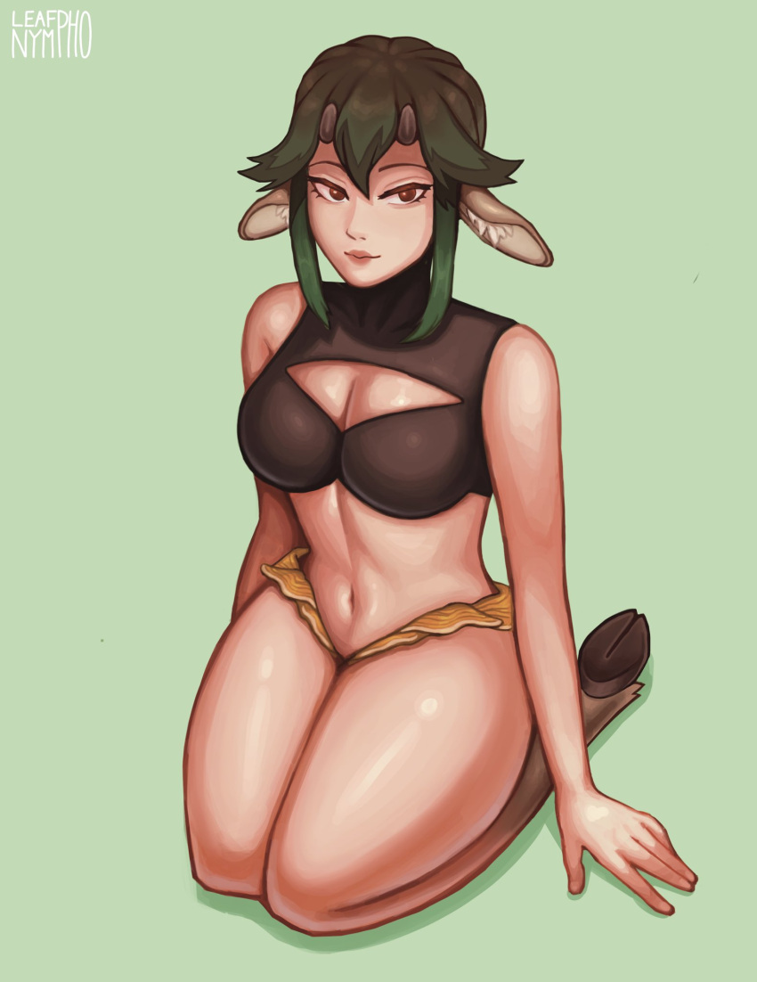 1girls brown_eyes cervid cervid_humanoid deer_ears deer_girl female female_only green_background hi_res hooves horns humanoid kneeling leafnympho light-skinned_female light_skin looking_at_viewer original short_horns smiling_at_viewer solo solo_female thick_thighs