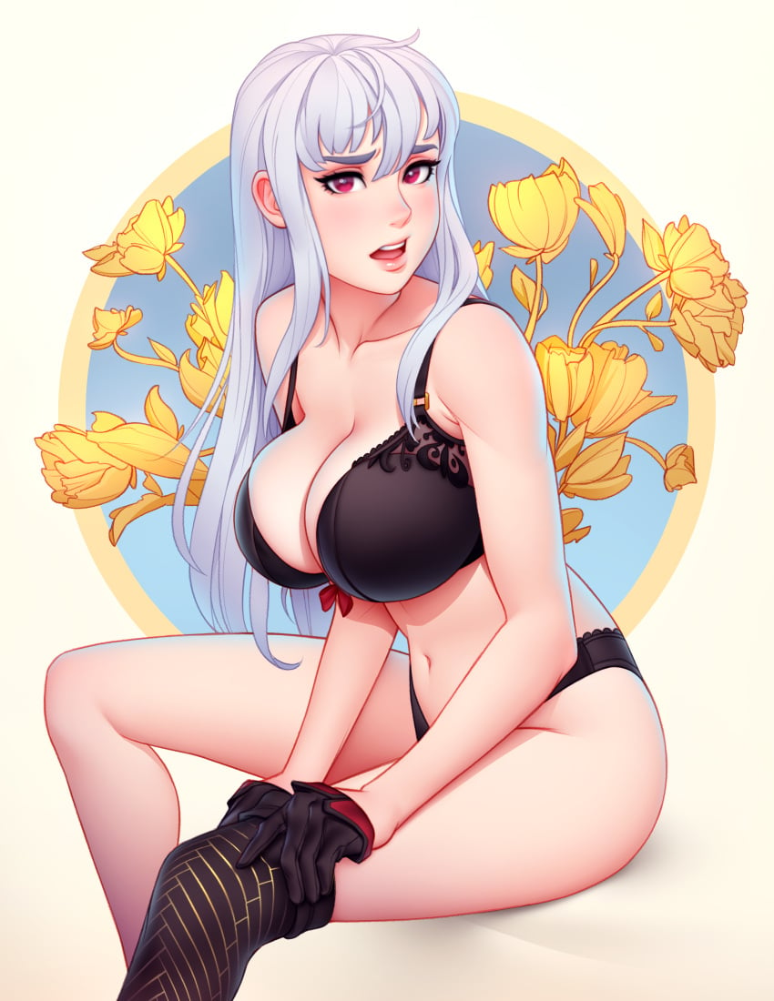 black_bra black_panties dressing embarrassed jonathan_hamilton large_breasts lilac_hair looking_at_viewer red_eyes selvaria_bles senjou_no_valkyria_(series) sitting slim_waist stockings thighs tsuaii uncensored valkyria_chronicles