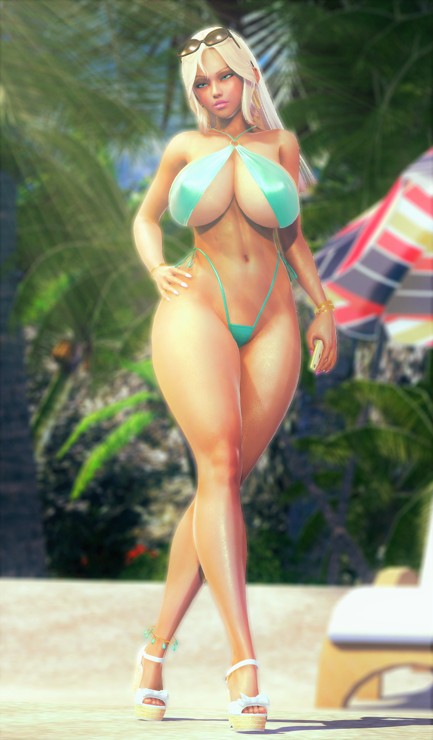 1girls beach big_breasts bikini blonde_hair blue_eyes breasts curvy curvy_figure female female_only honey_select_2 jewelry lipstick makeup phone revealing_clothes sand solo studio_neo_2 sunglasses sunglasses_on_head sunlight swimsuit tan_body thick_thighs unknown_artist walking