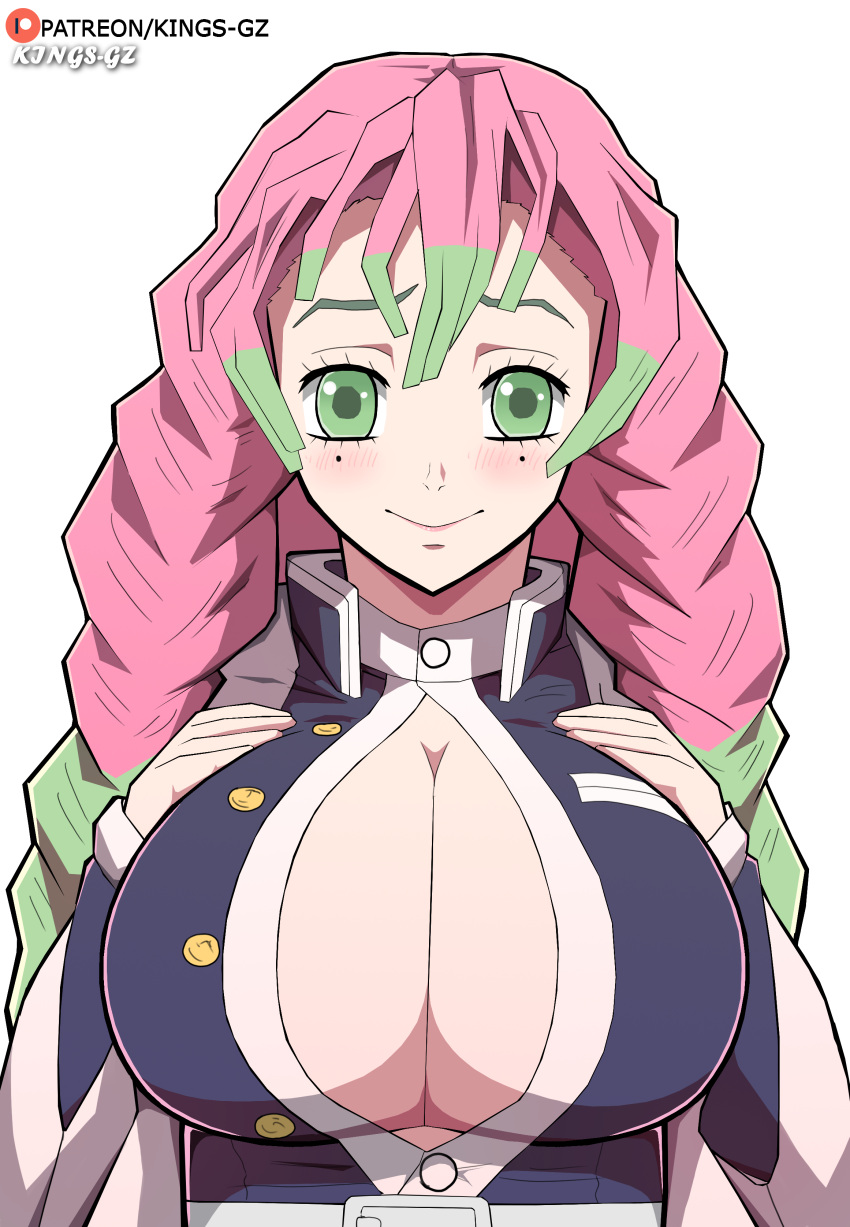 1girls big_breasts bursting_breasts busty cleavage demon_slayer hands_on_own_chest kanroji_mitsuri kimetsu_no_yaiba kings-gz large_breasts looking_at_viewer open_clothes smile twin_braids unbuttoned