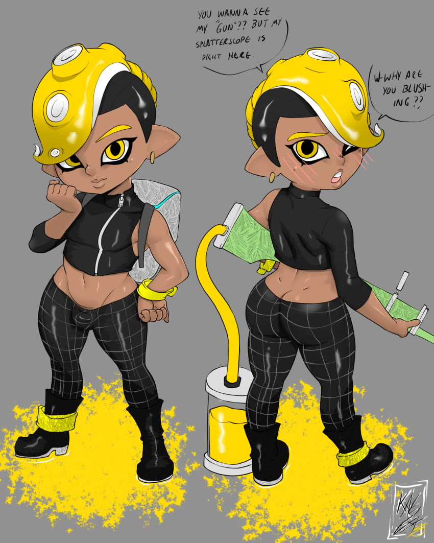 1boy 1femboy ass_cleavage butt_crack dark-skinned_femboy dat_ass fat_ass femboy feminine_male kae-est_art ko_(kae-est_art) male_only octoling octoling_boy pants_bulge penis_bulge solo splatoon tight_clothing