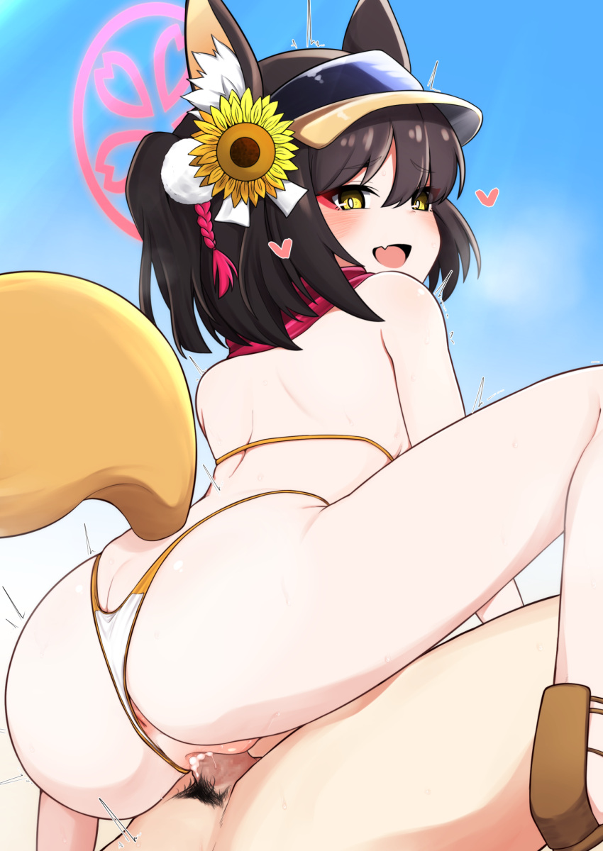 1boy 1girls animal_ear_fluff animal_ears anus ass assertive_female back bikini blue_archive blush brown_hair clothed_sex clothing_aside cowgirl_position cum cum_in_pussy female fox_ears fox_girl fox_tail from_behind halo happy_sex heart highres izuna_(blue_archive) izuna_(swimsuit)_(blue_archive) light-skinned_female light-skinned_male light_skin looking_at_viewer looking_back minakamirin overflow penis pubic_hair pussy reverse_cowgirl_position sandals scarf sex short_hair solo_focus squatting_cowgirl_position straddling straight string_bikini swimsuit tail vaginal_penetration visor_cap yellow_eyes