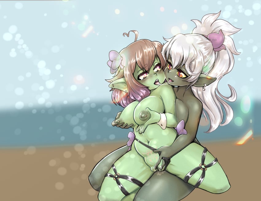 2girls ahoge areolae breasts breasts_grab brown_hair ear_piercing earrings female female_only goblin goblin_female grabbing_own_breasts green_skin hair_ribbon hand_on_crotch hi_res indie_virtual_youtuber long_hair multiple_girls nipple_piercing nipples nude nude_female open_mouth orange_eyes pink_eyes podge pointy_ears ponytail pubic_tattoo pussy saliva_trail slit_pupils tea_tentacles tongue_kiss touching_pussy virtual_youtuber white_hair wrist_cuffs yellow_sclera yuri