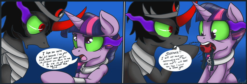 armor armored ball_gag ball_gagged black_hair bonded collar crown gray_body gray_fur green_eyes horns king_sombra_(mlp) master_and_slave my_little_pony pink_highlights purple_body purple_eyes purple_fur purple_hair purple_horn red_eyes red_horn slave slave_collar slavegirl twilight_sparkle_(mlp) unicorn unicorn_horn