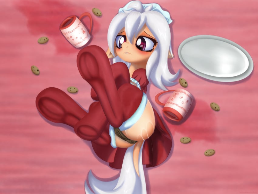 an-m anatomically_correct anatomically_correct_genitalia anus blush bottomwear christmas christmas_clothing clothing cookie dock earth_pony equid equine female food genitals hair har_glind hi_res holidays hooves horse legwear maid_uniform mammal milk mug my_little_pony on_ground plate pony puffy_anus pussy red_eyes skirt solo solo_focus spilled_drink stockings underhoof uniform upskirt white_hair