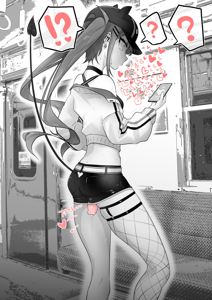 !? ? absurdres arikui_(ooooalikui) ass asymmetrical_legwear bare_shoulders baseball_cap belt blush breasts cellphone choker commentary_request crop_top cropped_jacket demon_girl demon_tail door ear_piercing exhibitionism feet_out_of_frame female fishnets hand_on_own_stomach hand_up hat heart highres holding holding_phone hololive hypnosis indoors jacket legwear_garter long_sleeves medium_breasts midriff mind_control monochrome off_shoulder open_clothes open_jacket phone piercing prolapse public_indecency pussy_juice short_shorts shorts single_thighhigh smartphone solo spot_color standing streetwear sweat tail tail_ornament tail_piercing tank_top thighhighs tokoyami_towa train_interior twintails uterine_prolapse virtual_youtuber window