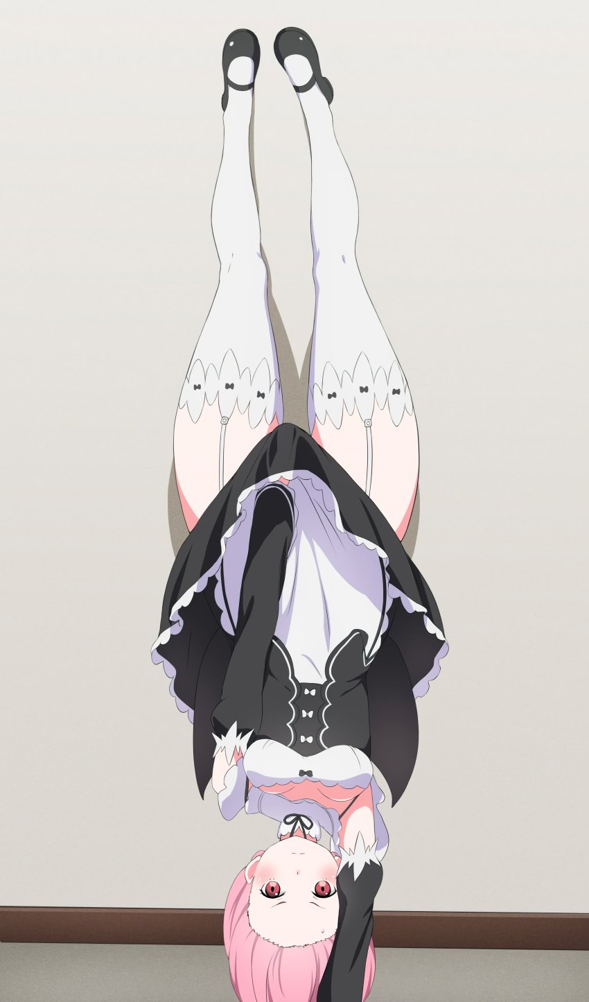 1girls against_wall annoyed blush breasts chest cleavage collar coro_fae covering_crotch detached_sleeves dress dress_tug embarrassed female female_only fully_clothed garter_belt handstand highres hips legwear light-skinned_female lycoris_challenge maid_uniform meme pink_eyes pink_hair ram_(re:zero) re:zero_kara_hajimeru_isekai_seikatsu shoes shy solo stockings sweatdrop thick_thighs thighhighs thighs uniform upside-down white_legwear white_stockings white_thighhighs wide_hips