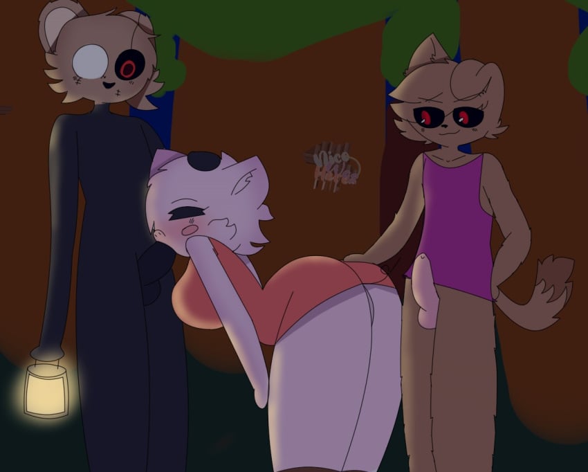 1girls 2boys big_breasts blowjob blush clothed_sex dick dog_ears doggy_(piggy) forest_background fur hand_on_head knot mr_stitchy_(piggy) nicowashere penny_(piggy) piggy_(game) pink_skin purple_shirt red_dress red_eyes roblox roblox_game sex tagme threesome