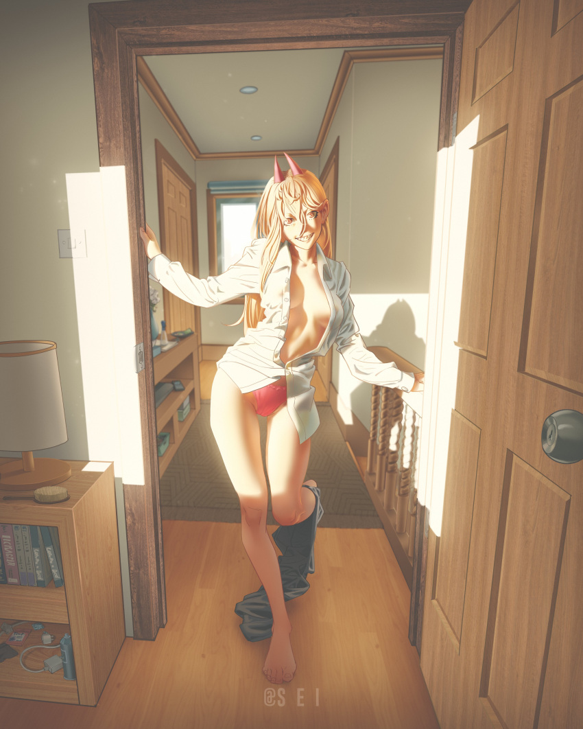 absurdres barefoot blonde_hair breasts cameltoe carpet chainsaw_man cleavage demon_horns door doorway female frilled_panties frills highres horns lamp long_hair looking_at_viewer medium_breasts no_bra no_pants open_clothes open_door open_shirt panties pants_around_one_leg partially_unbuttoned pink_panties power_(chainsaw_man) sei_(artist) shadow sharp_teeth smile solo standing sunlight symbol-shaped_pupils teeth thigh_gap toes unbuttoned unbuttoned_shirt underwear undressing window